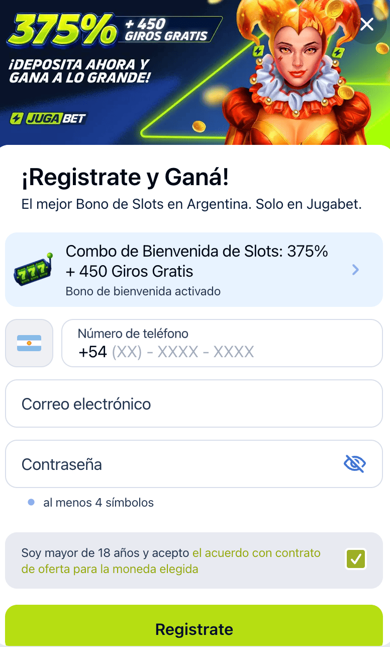 JugaBet: formulario de registro para crear una cuenta en el casino online