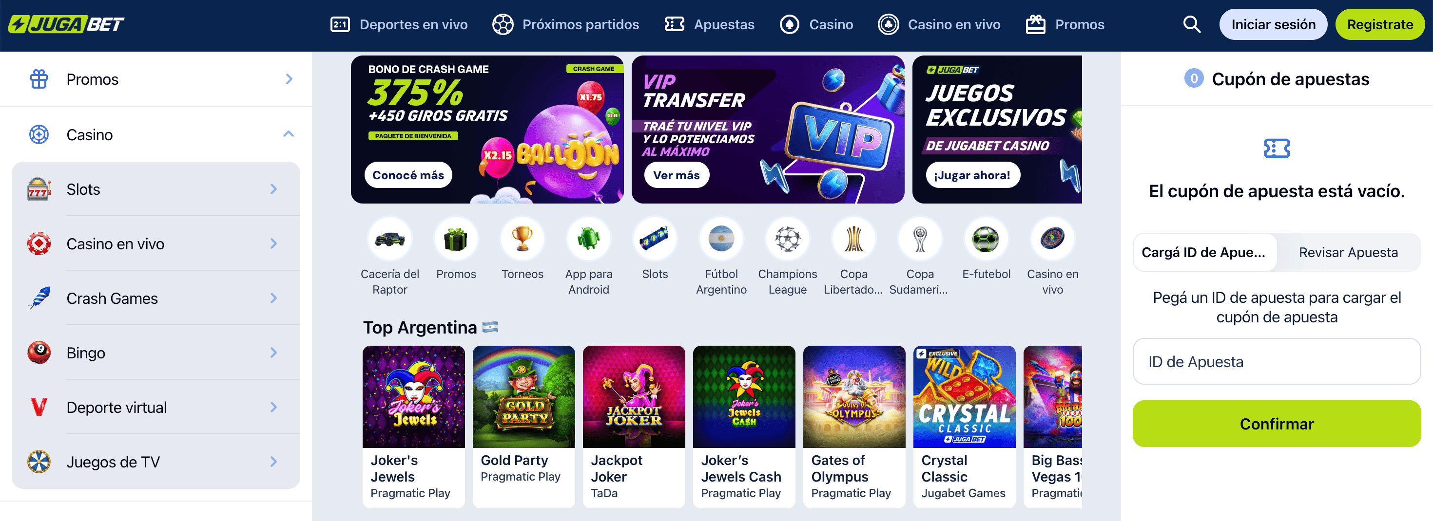Lobby principal del casino con las categorías de juegos